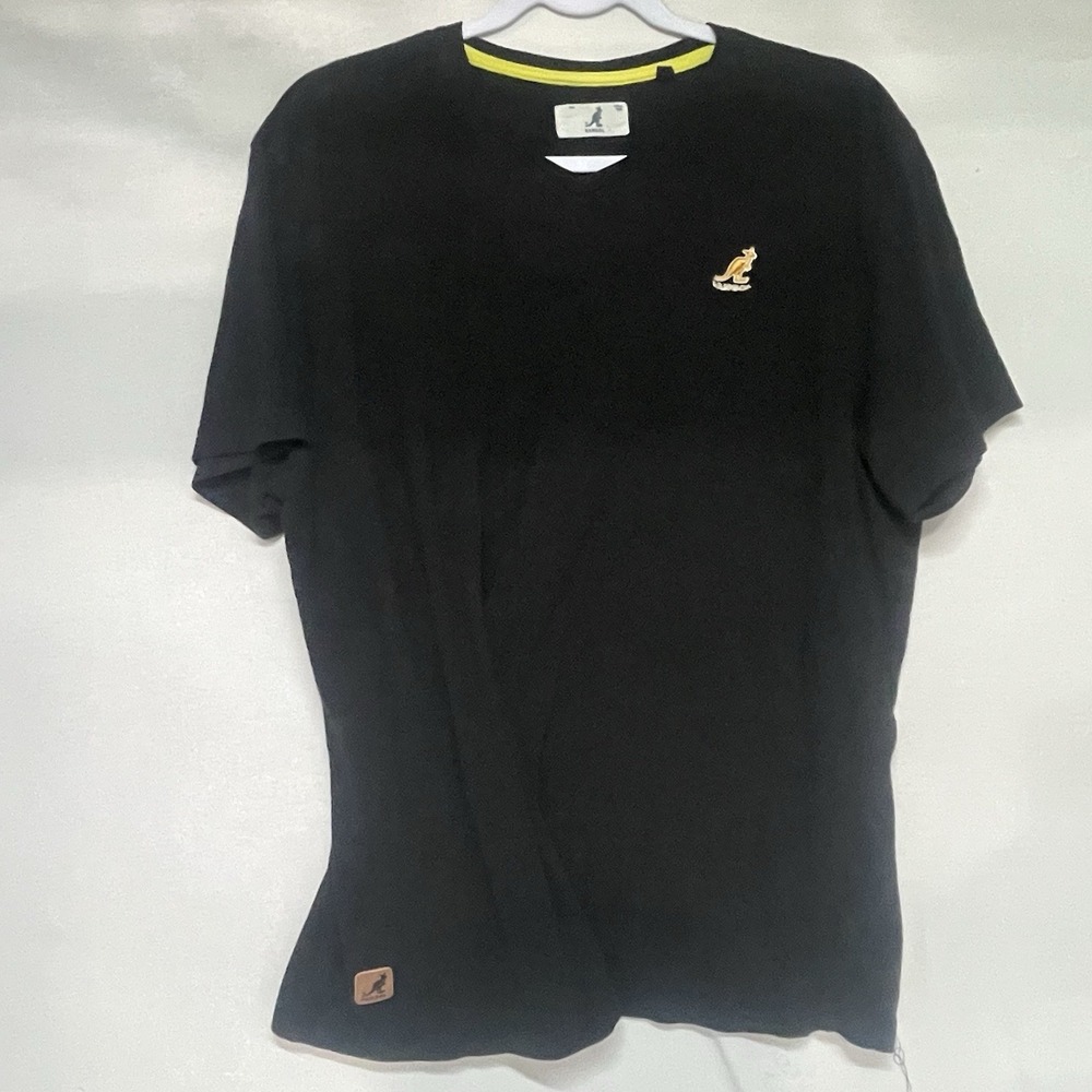 Kangol  V-Neck Black Cotton Shirt Men's Large Leather Logo